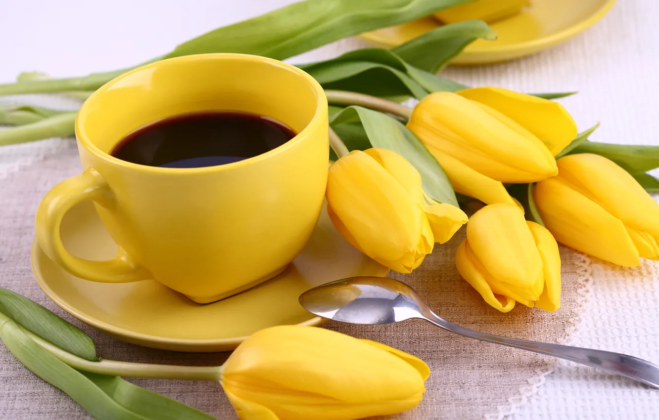 Photo wallpaper flowers, coffee, Cup, tulips, yellow, flowers, cup, tulips