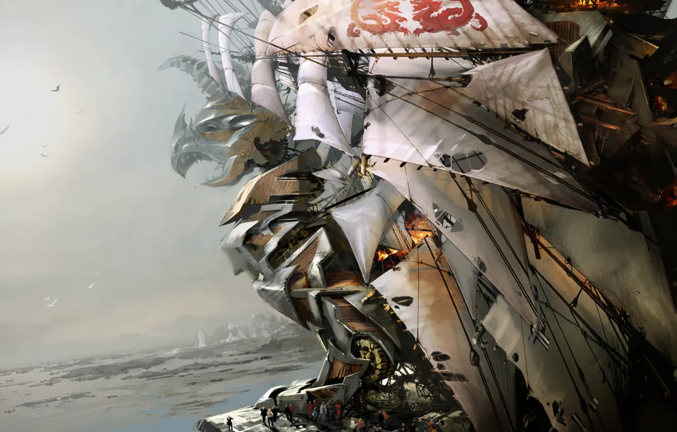 Photo wallpaper fiction, ship, sail, fantasy, Griffin, art, ship, Daniel Dociu