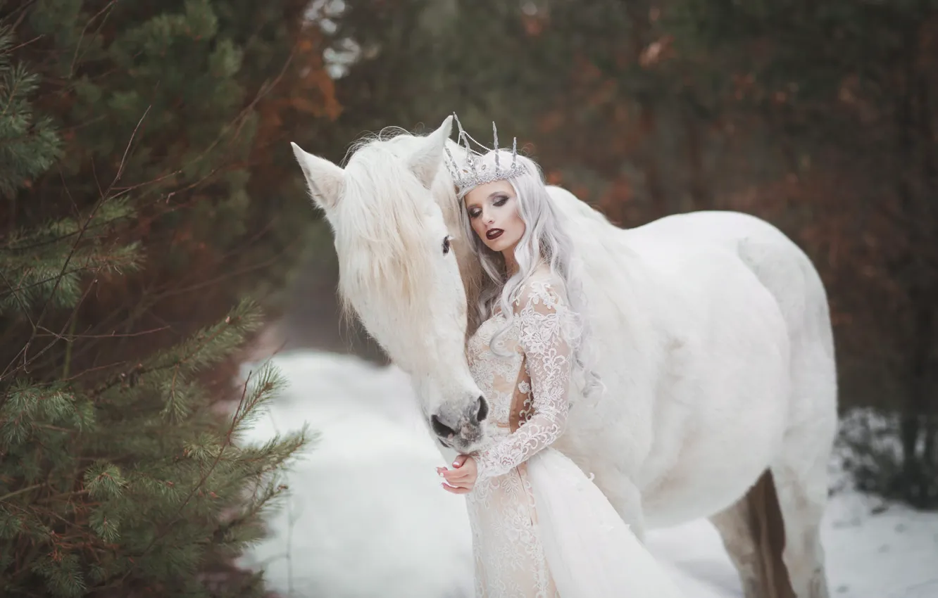 Photo wallpaper winter, white, girl, snow, style, horse, horse, dress