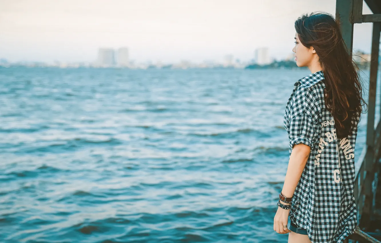 Photo wallpaper wave, girl, the city, the wind, horizon