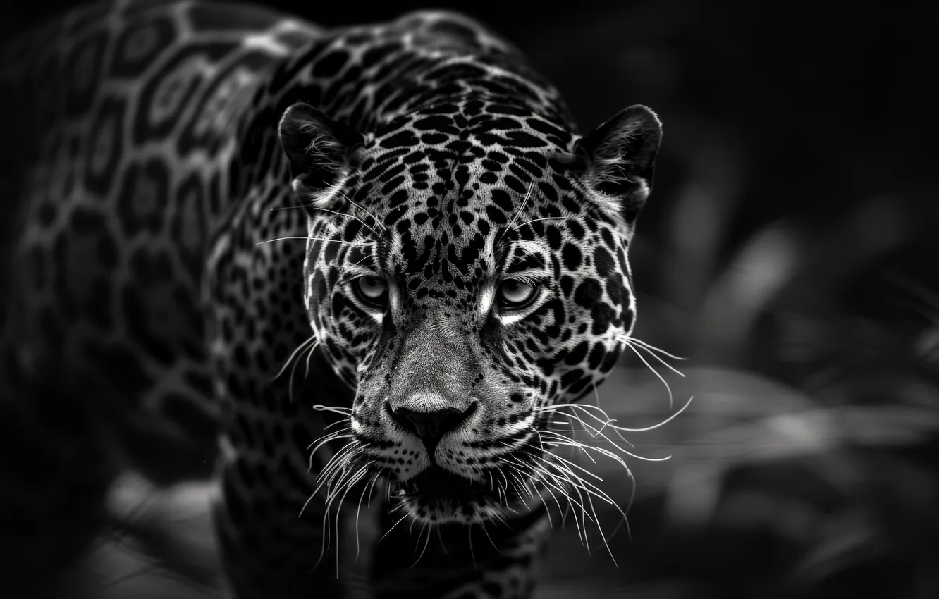Photo wallpaper Look, Jaguar, Face, Predator, Digital art, Black and white, Big cat, AI art