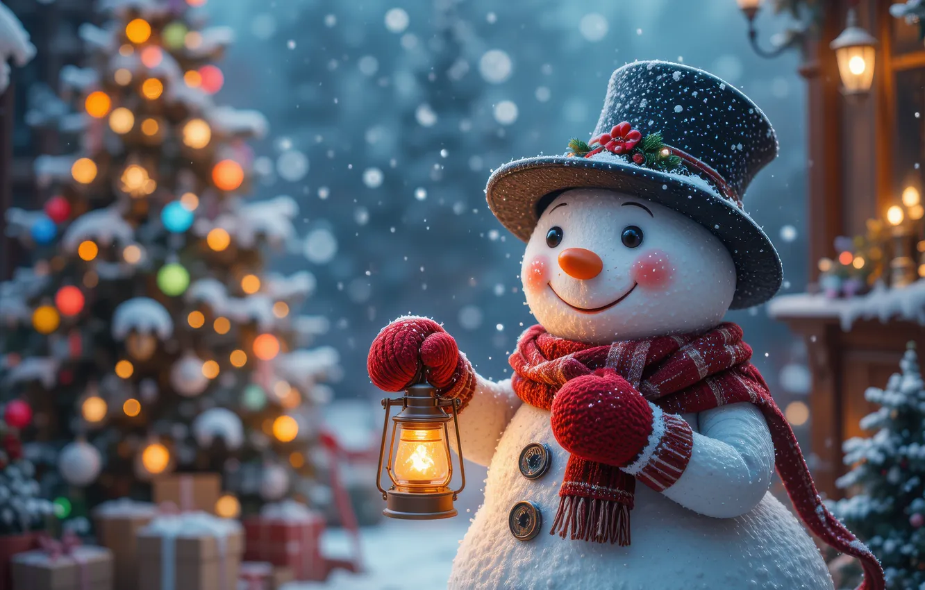 Photo wallpaper winter, snow, lights, new year, Christmas, snowman, herringbone, snowfall