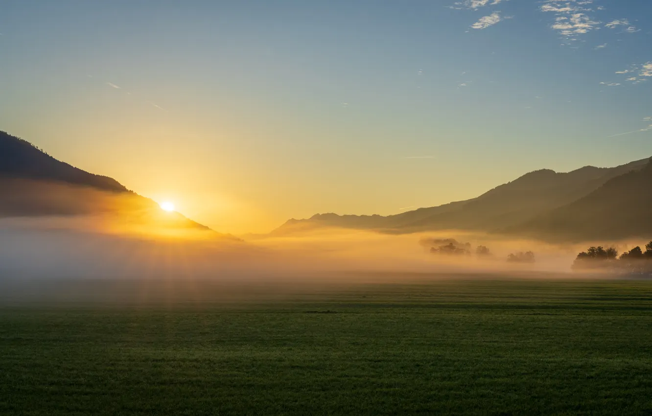 Photo wallpaper field, the sky, mountains, morning, space, haze, sunrise, Ilya Stolov