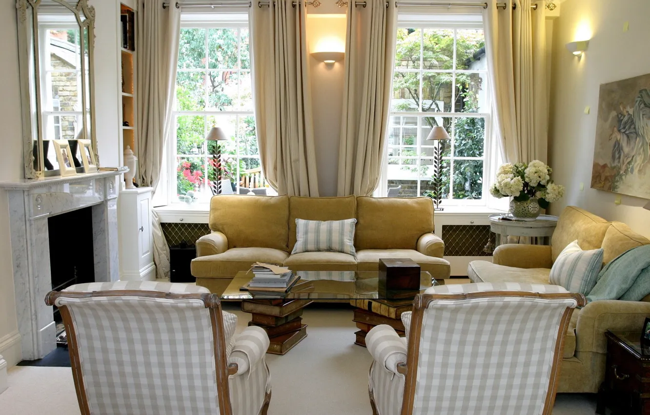Photo wallpaper design, sofa, interior, chair, window, fireplace