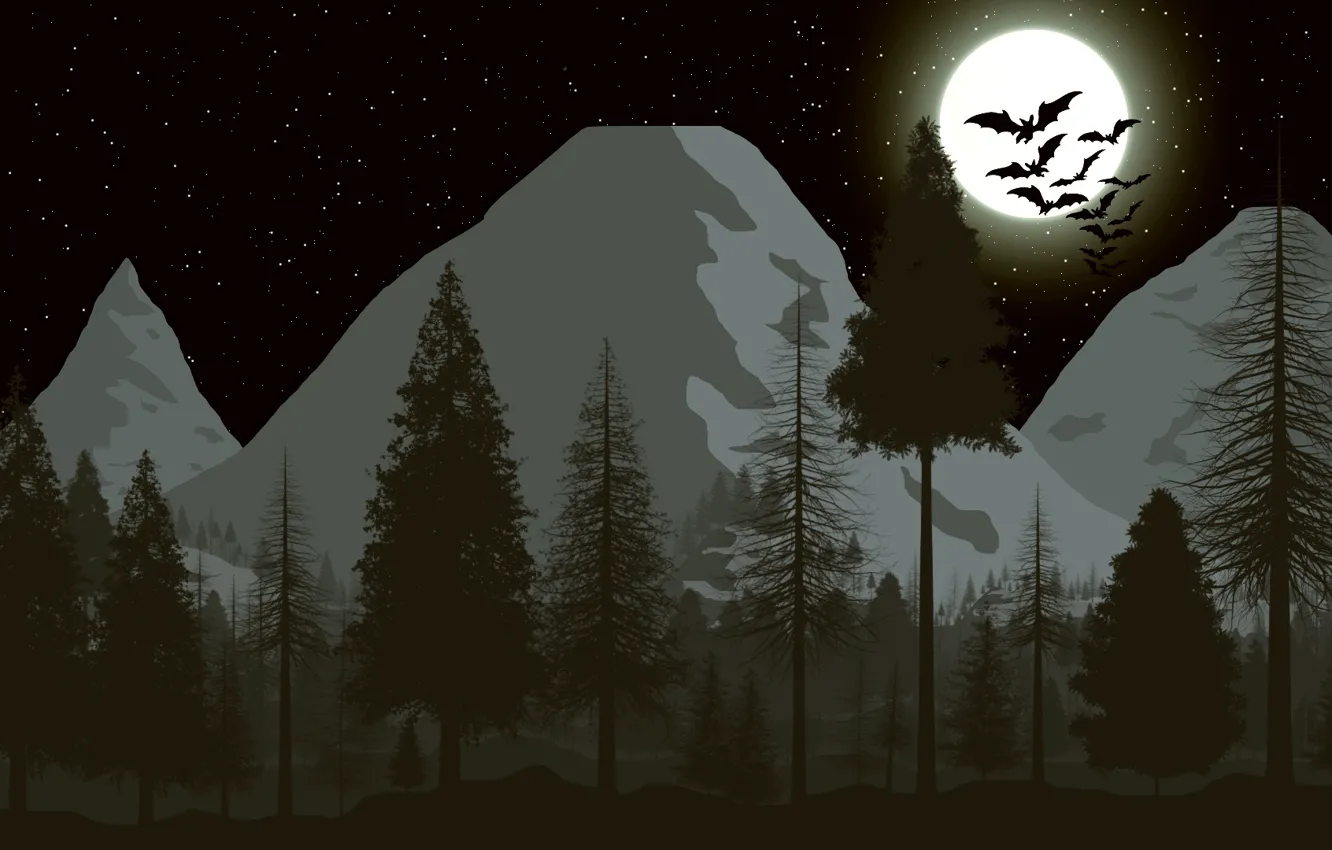 Photo wallpaper forest, the sky, stars, mountains, the moon, tree, moon, bats