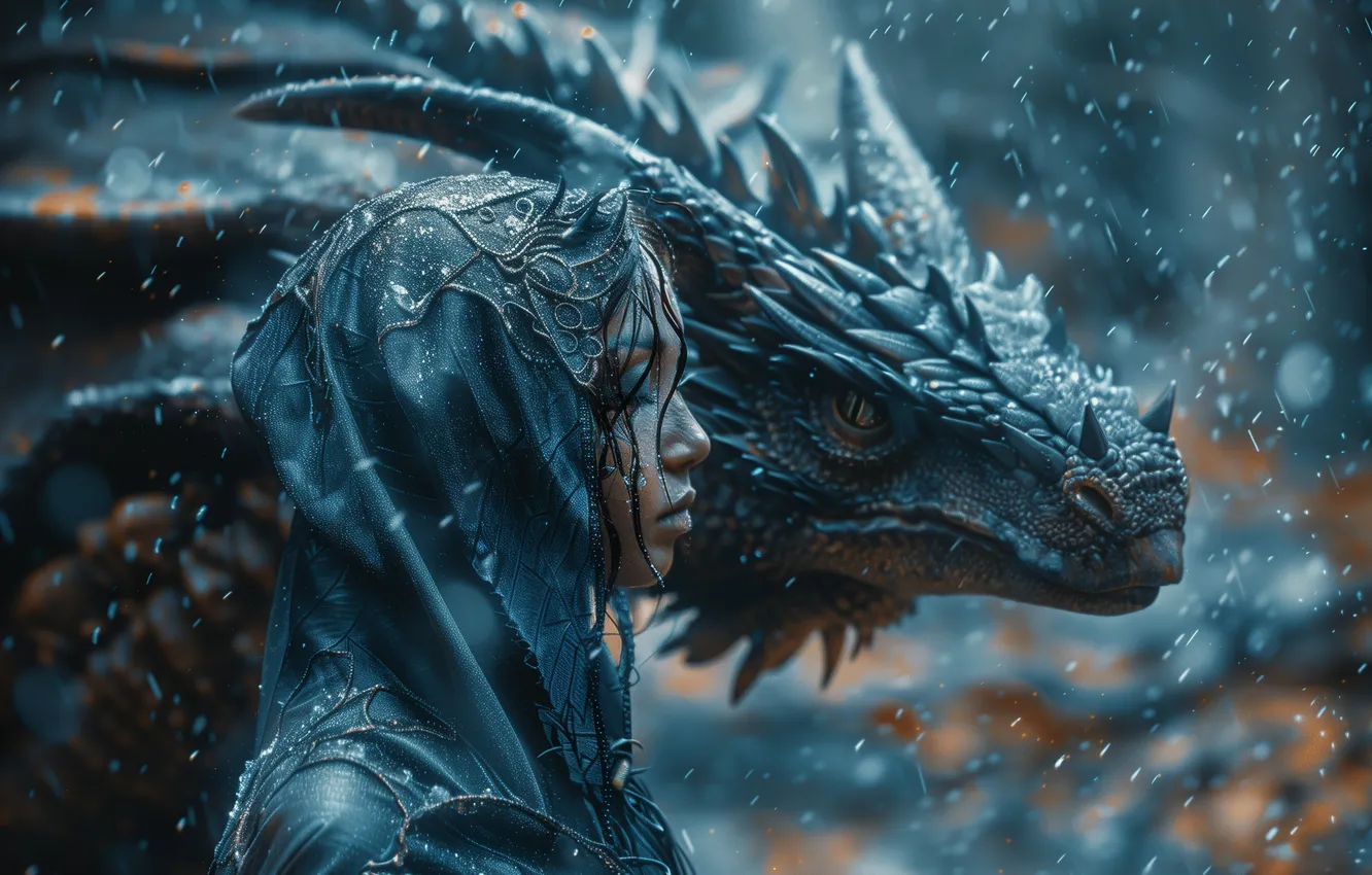 Photo wallpaper face, girl, pose, rain, dragon, fantasy, cloak, Princess