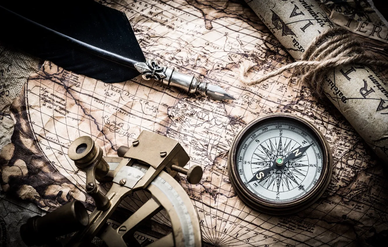 Photo wallpaper pen, map, compass, compass, old maps, navigation device, nautical navigation tools
