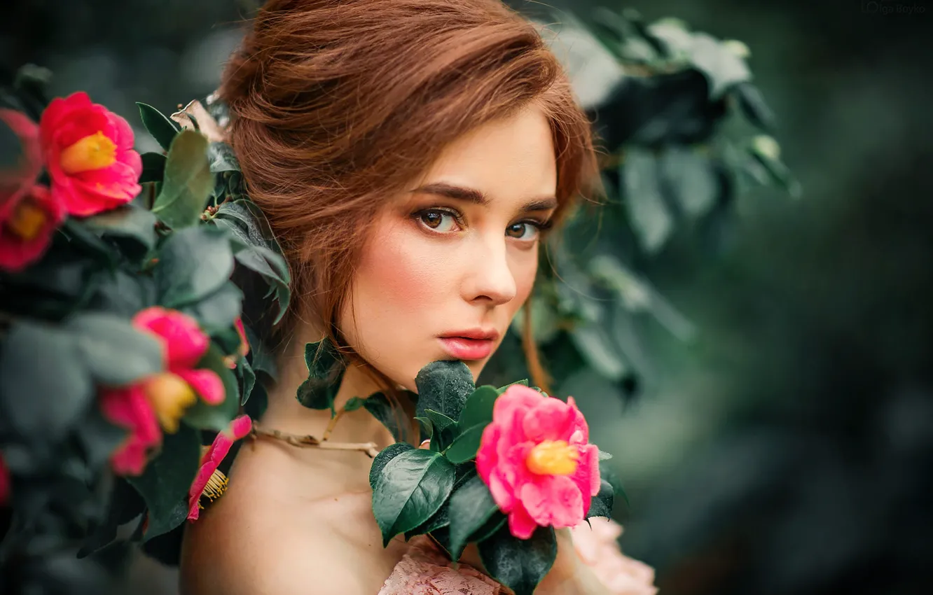 Wallpaper Look Leaves Flowers Branches Model Portrait Makeup