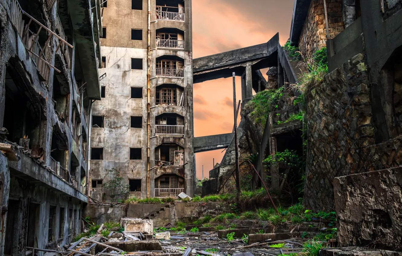 Photo wallpaper building, home, Japan, ruins, architecture, hashima island
