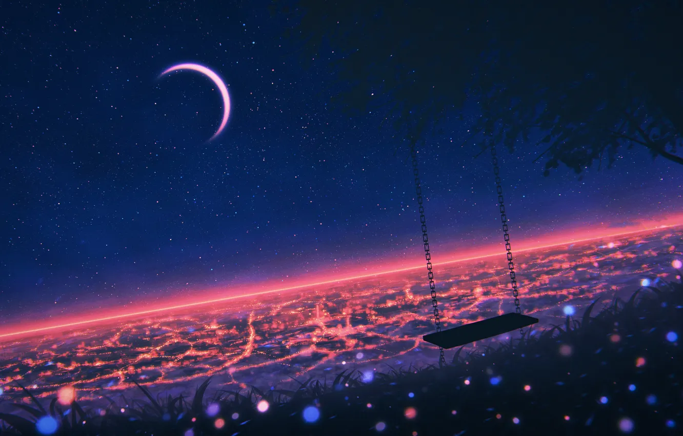Photo wallpaper the sky, night, nature, the city, swing, hills, Crescent