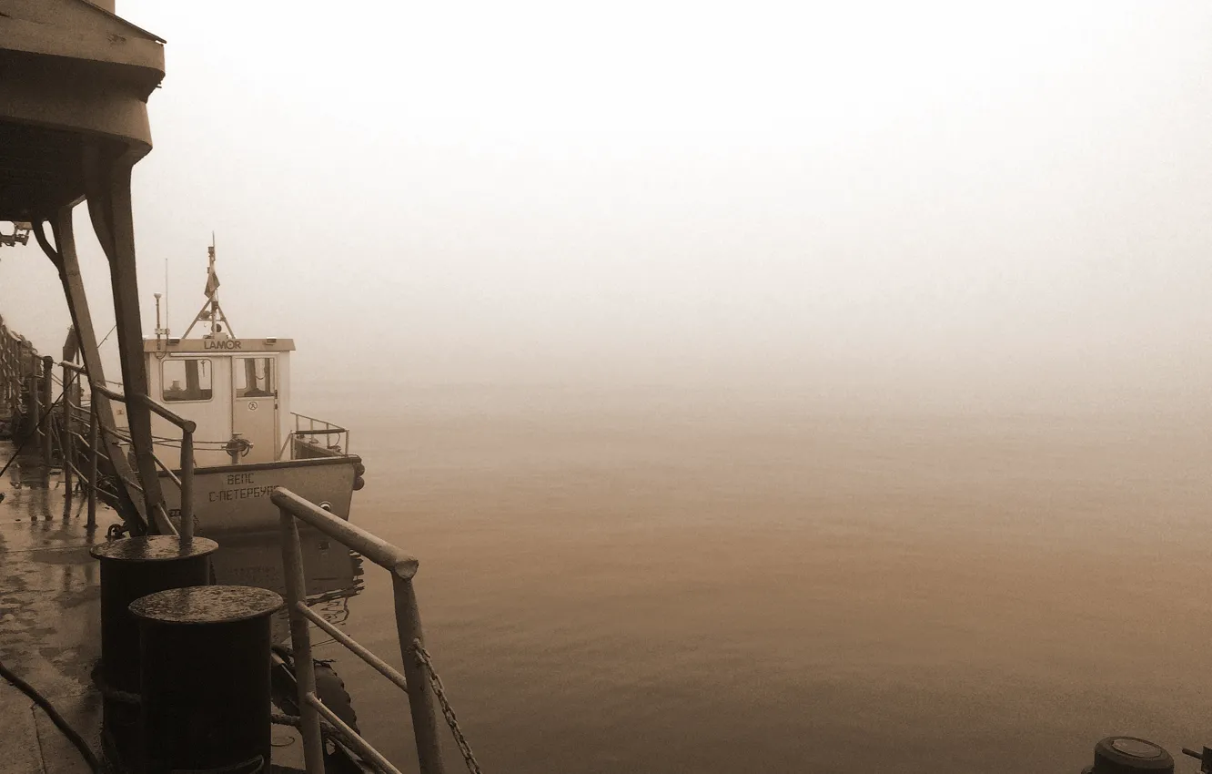 Photo wallpaper sea, fog, Port, boat