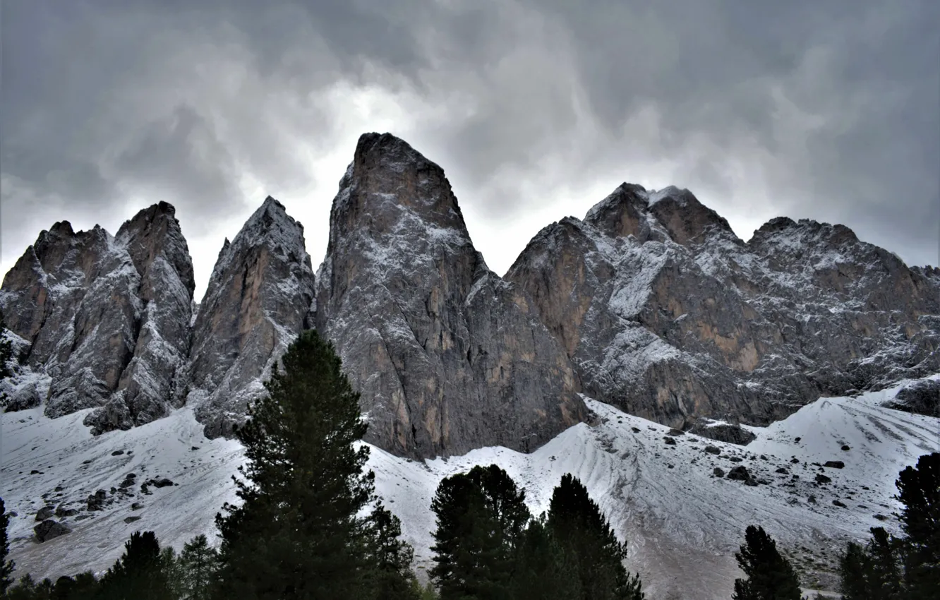 Photo wallpaper winter, the sky, clouds, snow, trees, mountains, clouds, nature