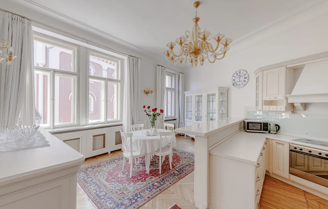 Photo wallpaper design, style, Prague, Czech Republic, kitchen, dining room, white color in the interior