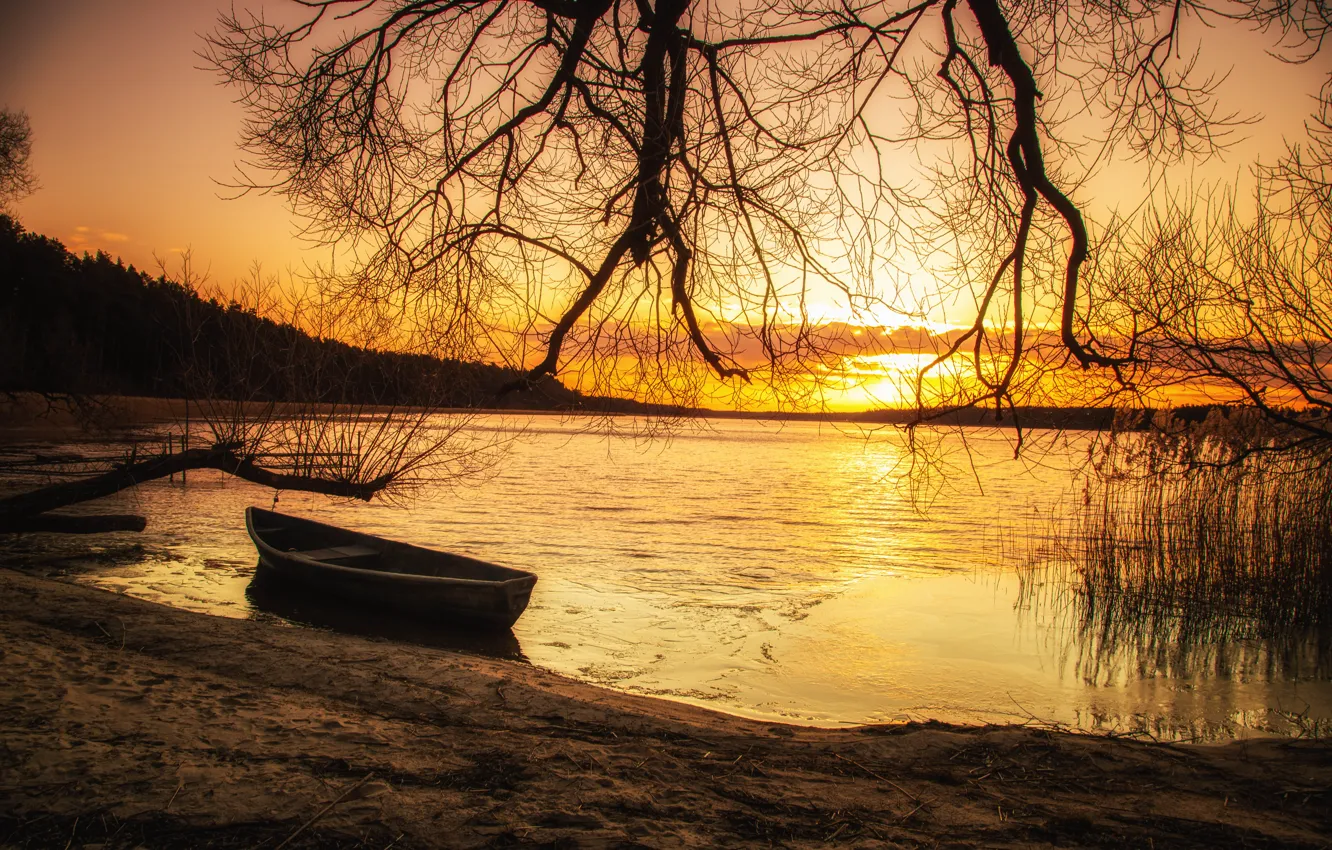Photo wallpaper sunset, river, boat