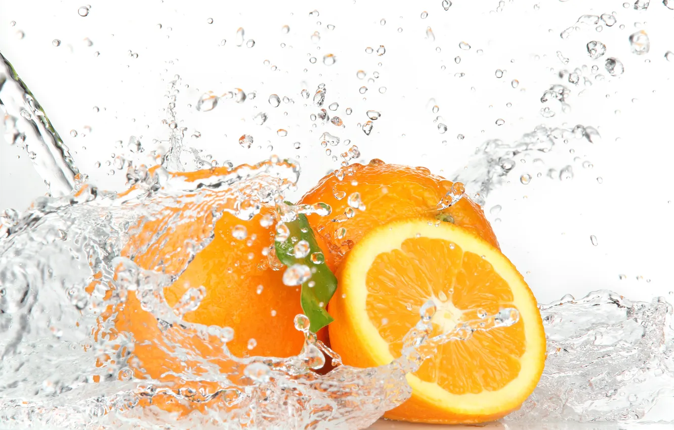 Photo wallpaper water, drops, squirt, oranges