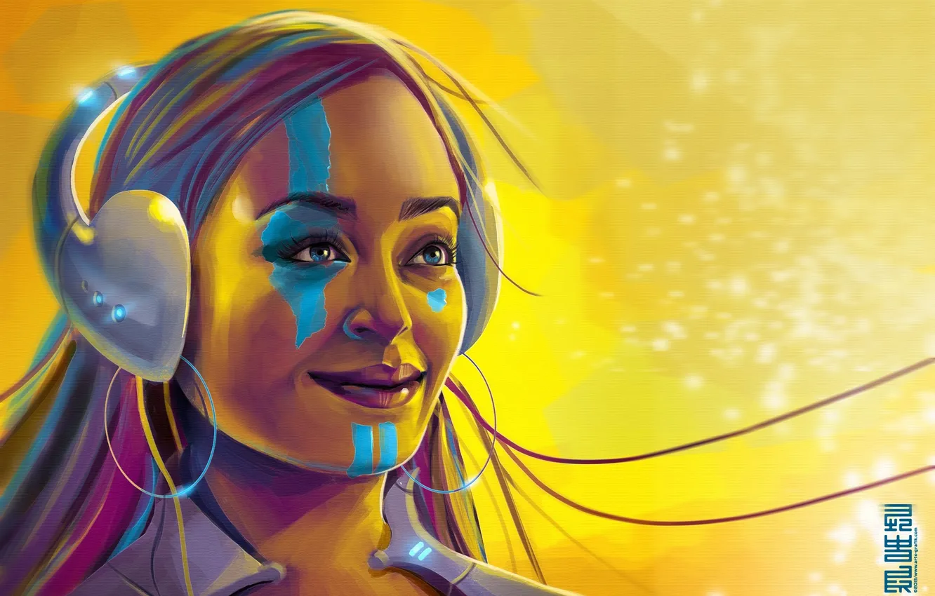 Photo wallpaper girl, smile, paint, headphones, art