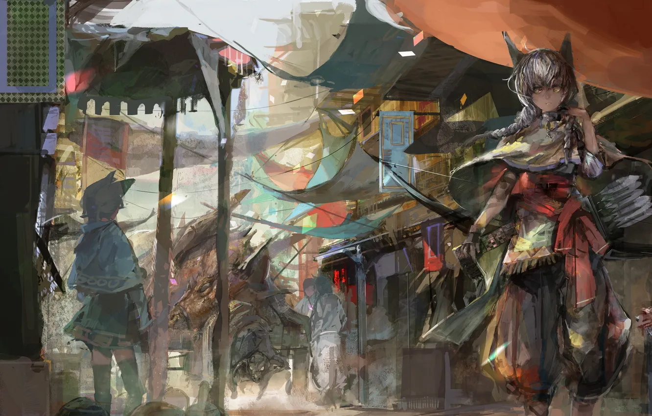 Photo wallpaper girl, weapons, people, monster, anime, bow, art, relax