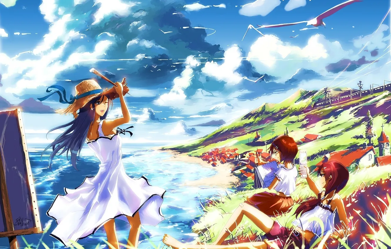 Photo wallpaper sea, the sky, girl, the sun, clouds, mountains, nature, the city