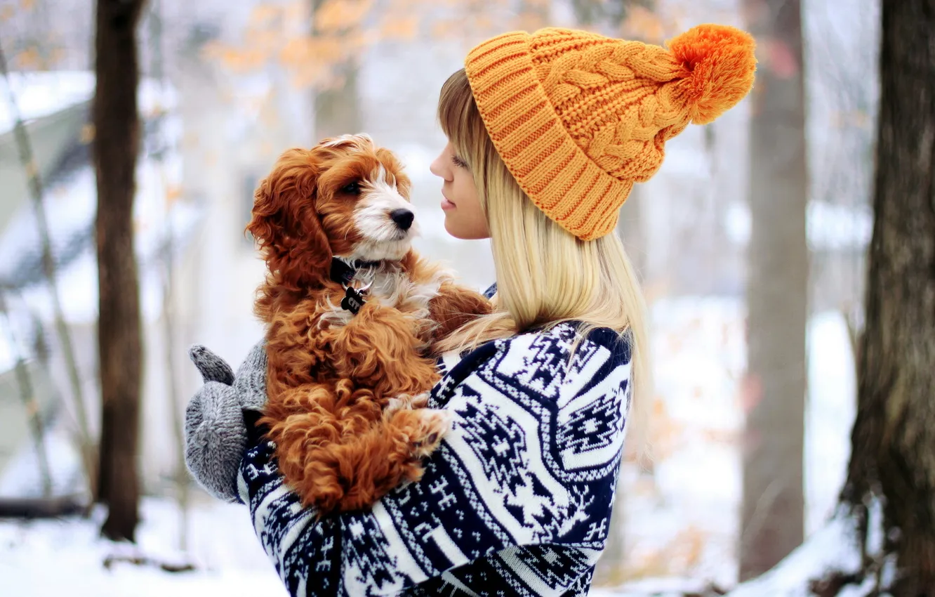 Photo wallpaper mood, girl, puppy