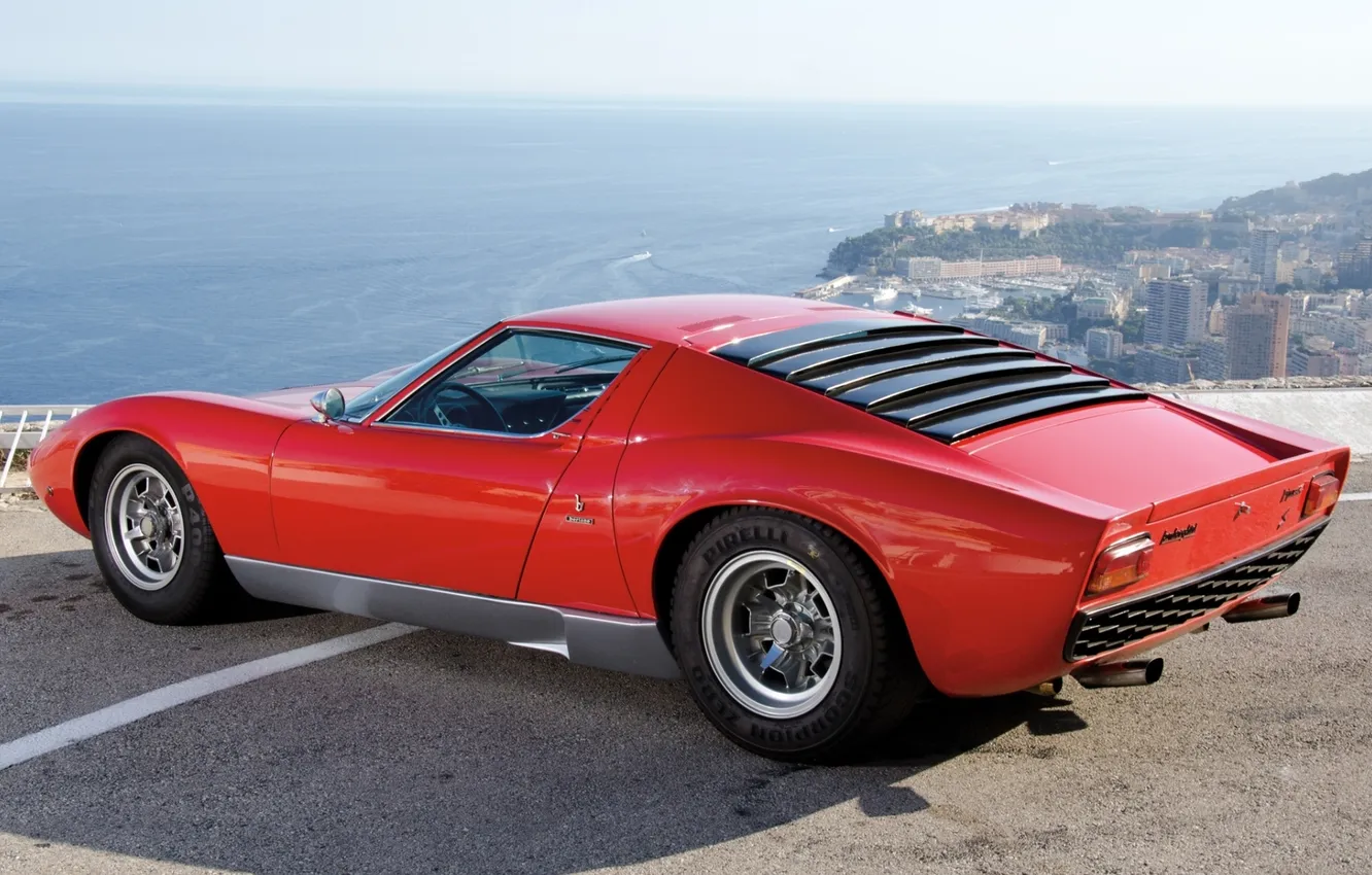 Photo wallpaper the sky, water, red, the city, coast, Lamborghini, 1969, supercar