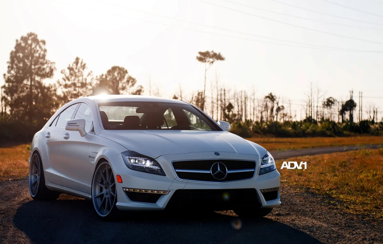 Photo wallpaper road, white, the sun, trees, Mercedes-Benz, sedan, Mercedes, AMG
