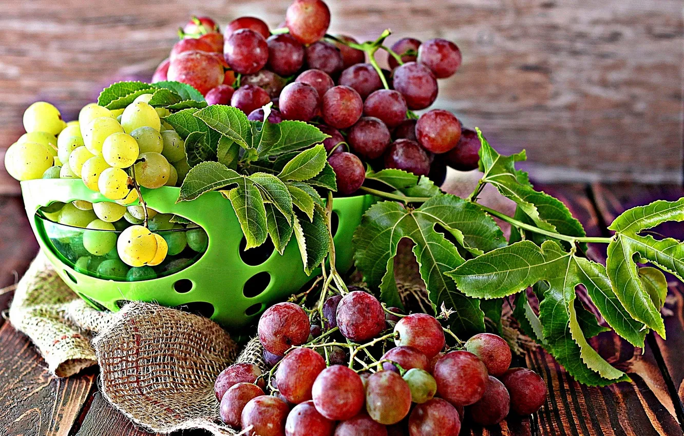 Photo wallpaper grapes, leaf, bowl, fruit, leaves, grapes, fruits, bowl