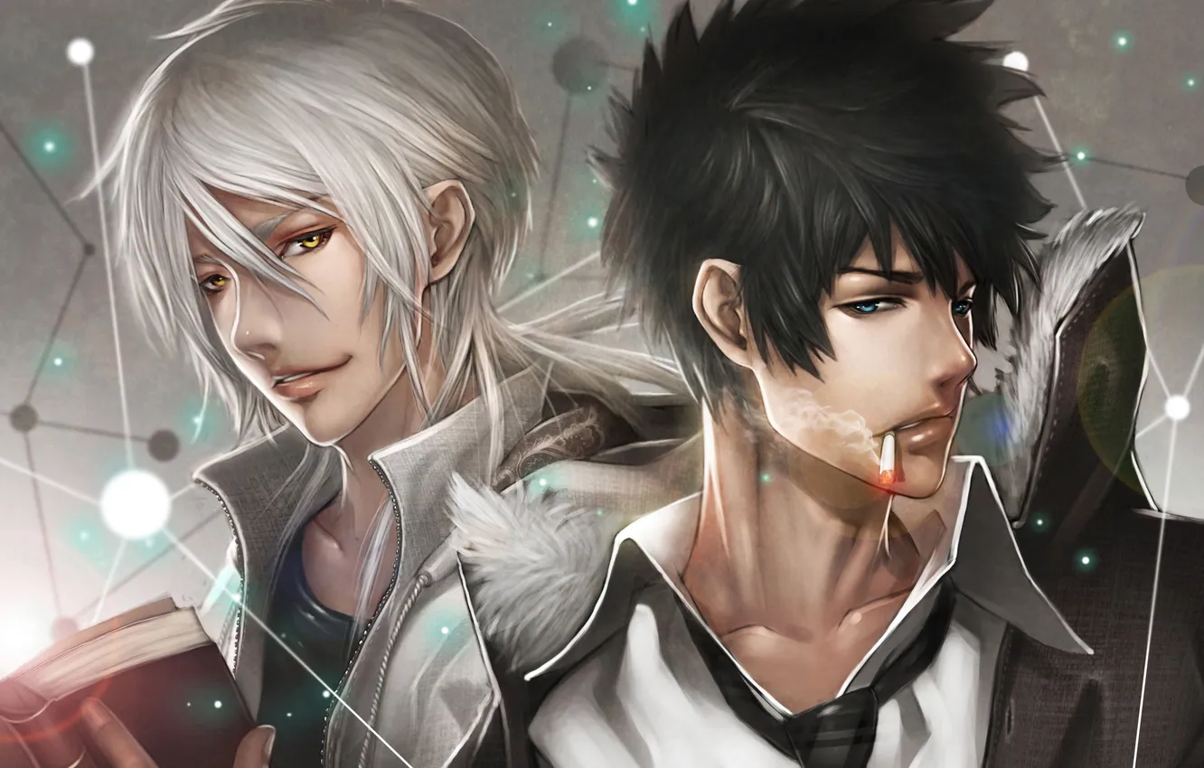 Photo wallpaper smoke, cigarette, book, guy, psycho-pass, Makishima Shougo, kougami shinya
