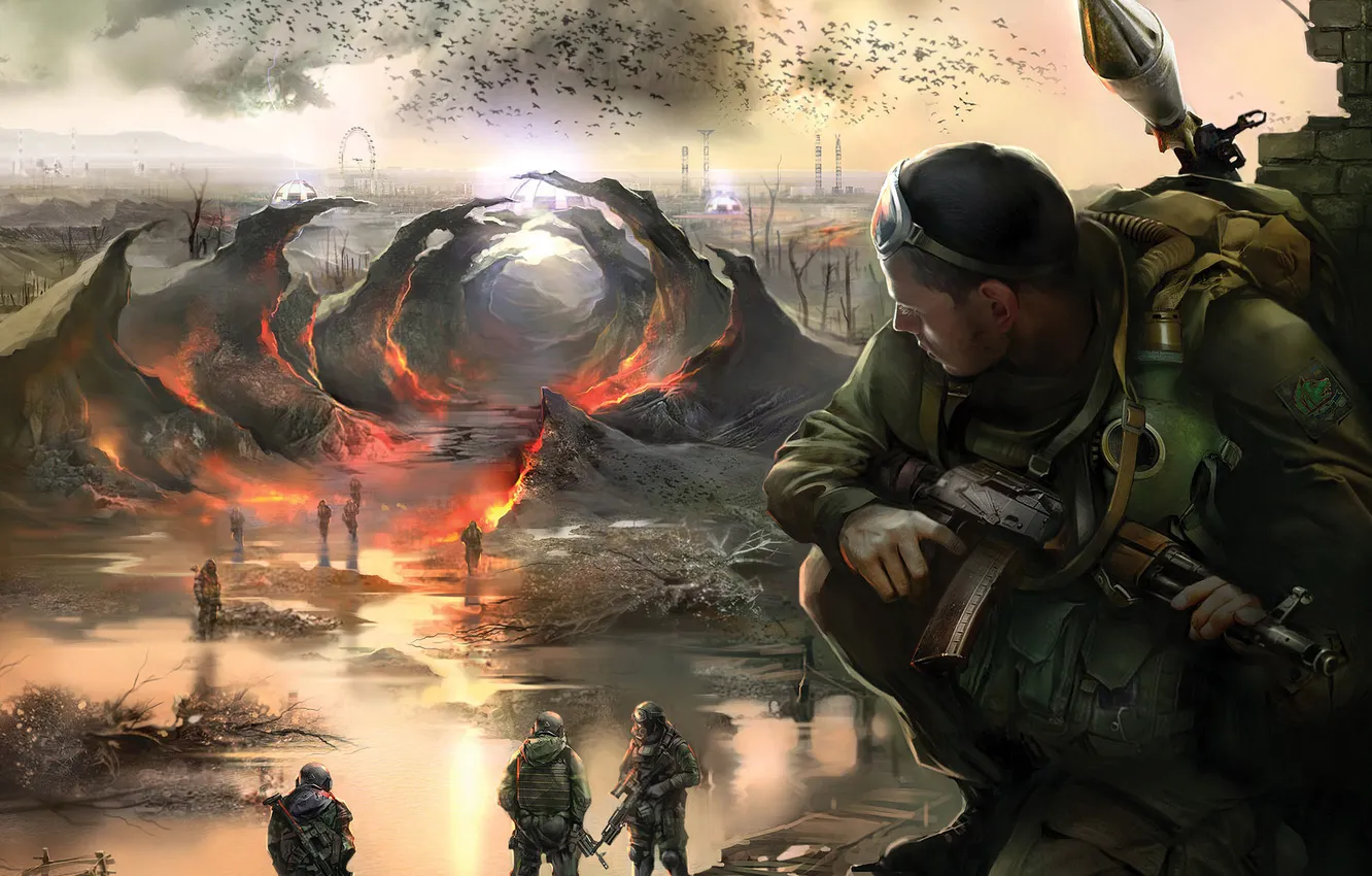 Photo wallpaper water, lights, plant, crows, carousel, S.T.A.L.K.E.R, weapons military