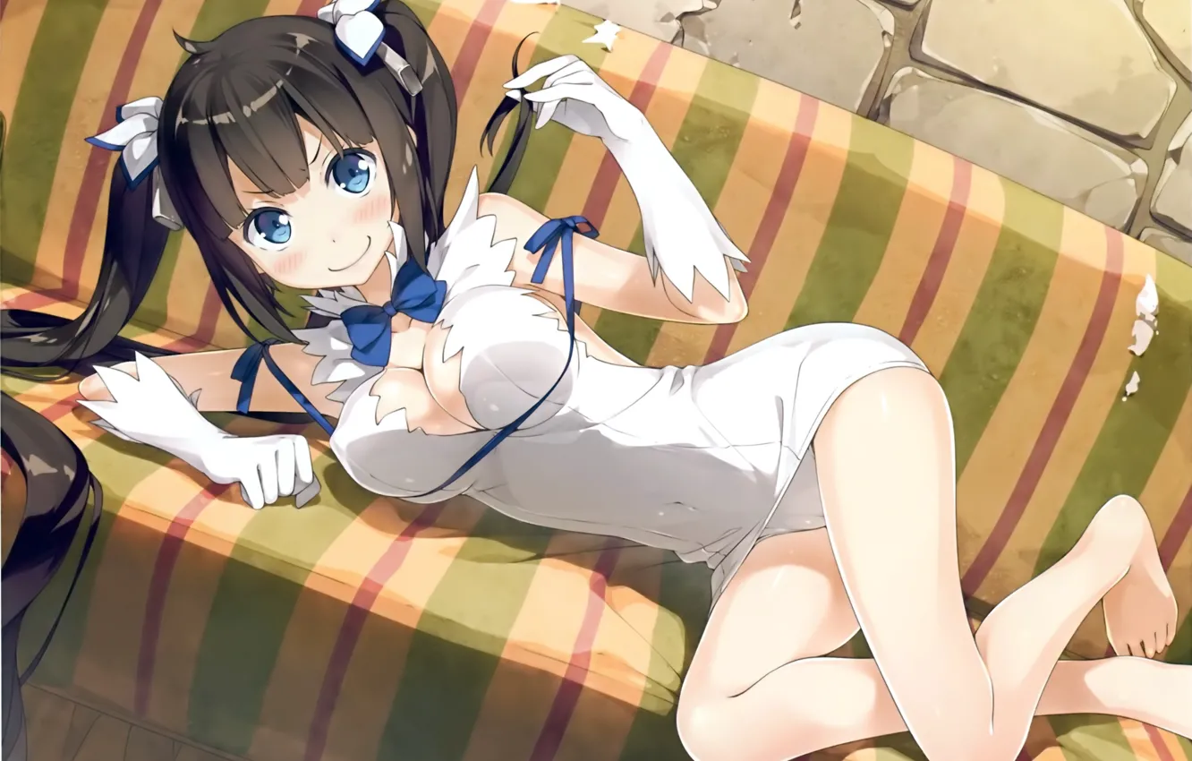 Photo wallpaper bow, on the couch, goddess, two tails, lying on his side, gloves elbow, barefoot girl, …