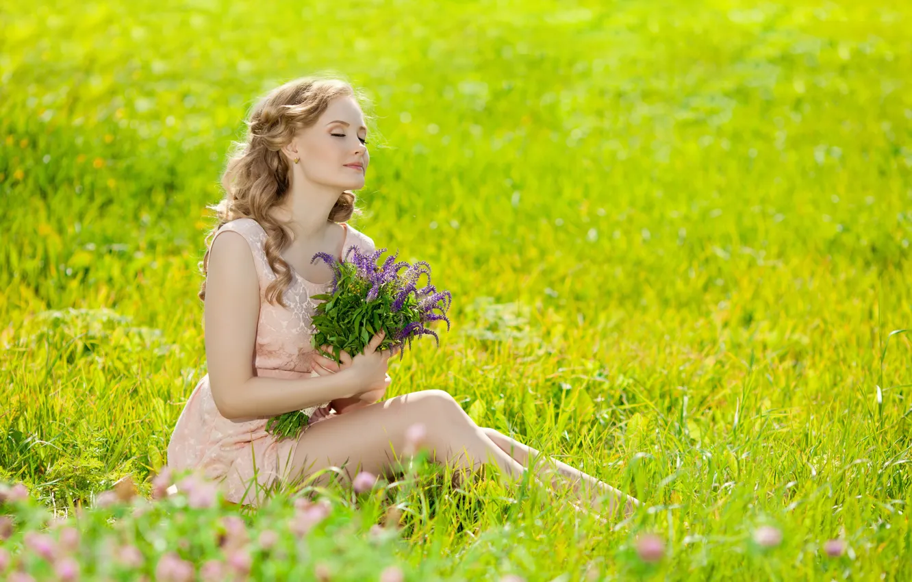 Photo wallpaper field, grass, girl, flowers, bouquet, blonde