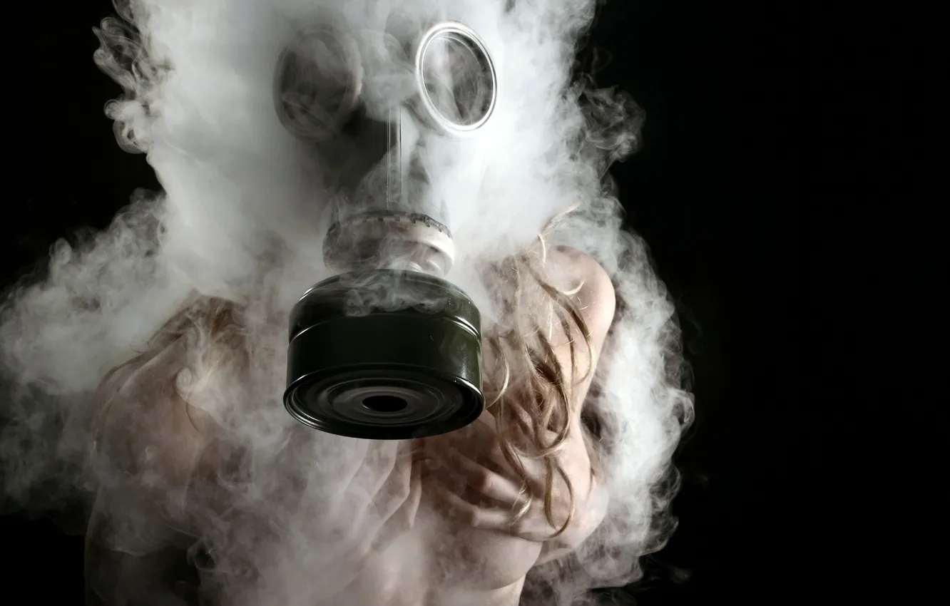 Photo wallpaper girl, smoke, the situation, gas mask