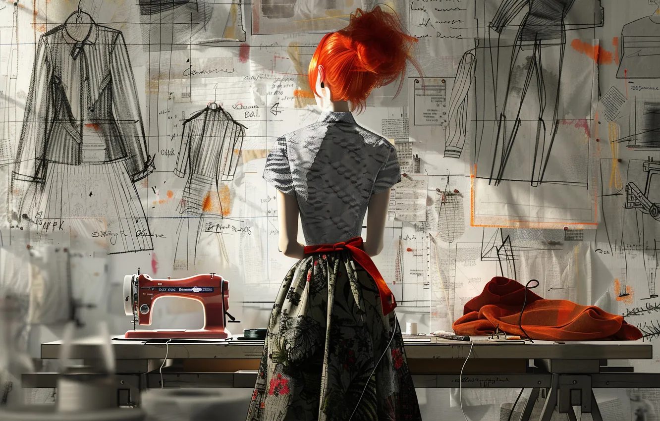 Photo wallpaper girl, table, sketch, back, red, designer, seamstress, digital art