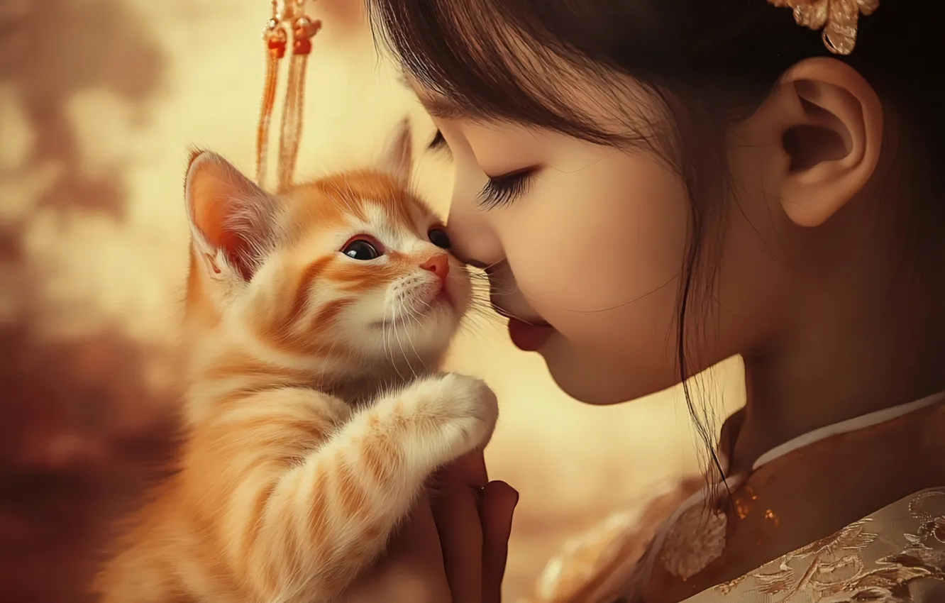 Photo wallpaper cat, face, legs, hands, girl, red, weasel, Asian