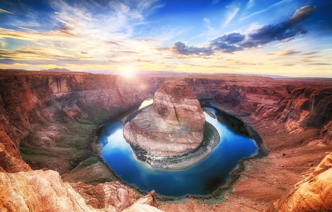 Photo wallpaper the sun, nature, dawn, canyon, the Colorado river, Horseshoe Bend, horseshoe, river Horseshoe