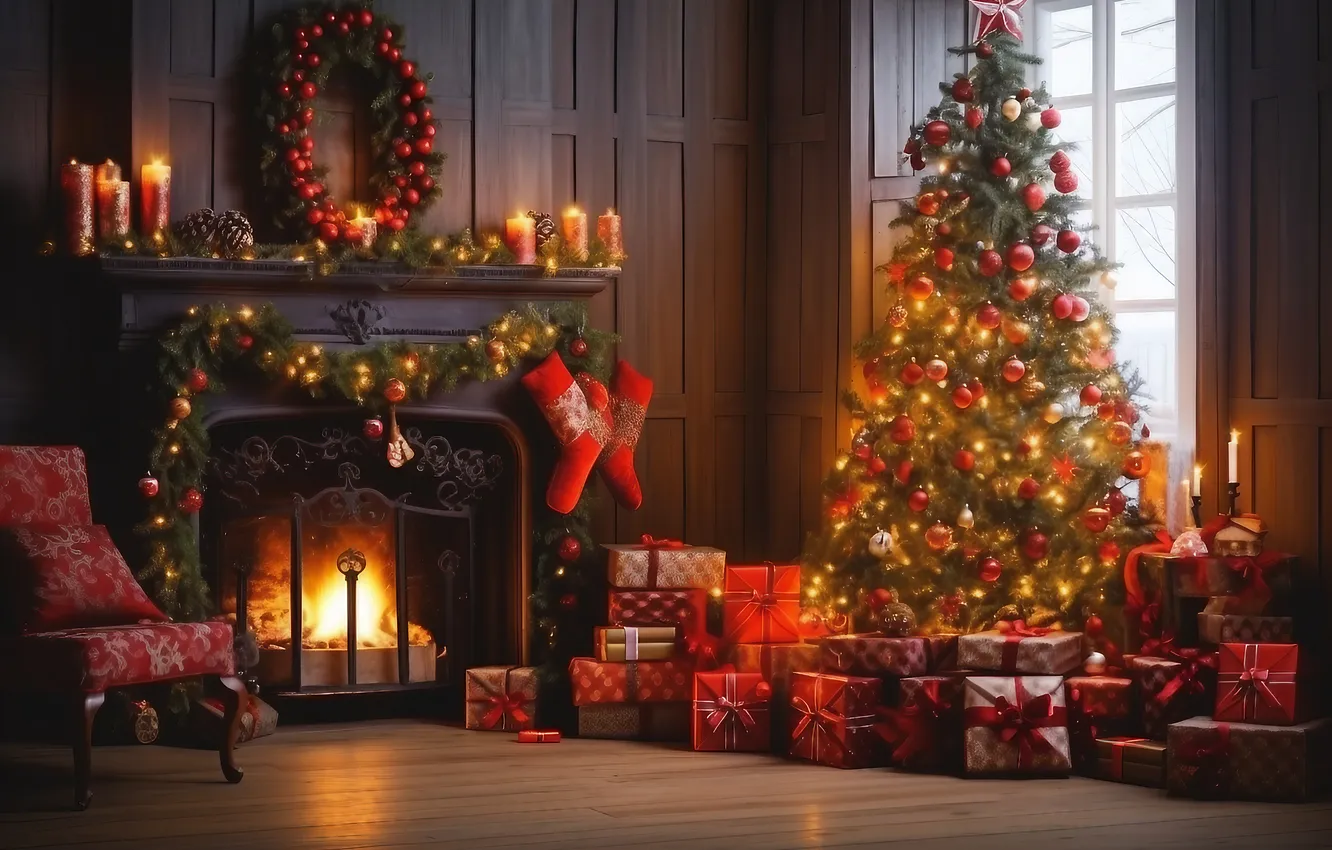 Photo wallpaper room, tree, new year, interior, Christmas, fireplace, Christmas, view