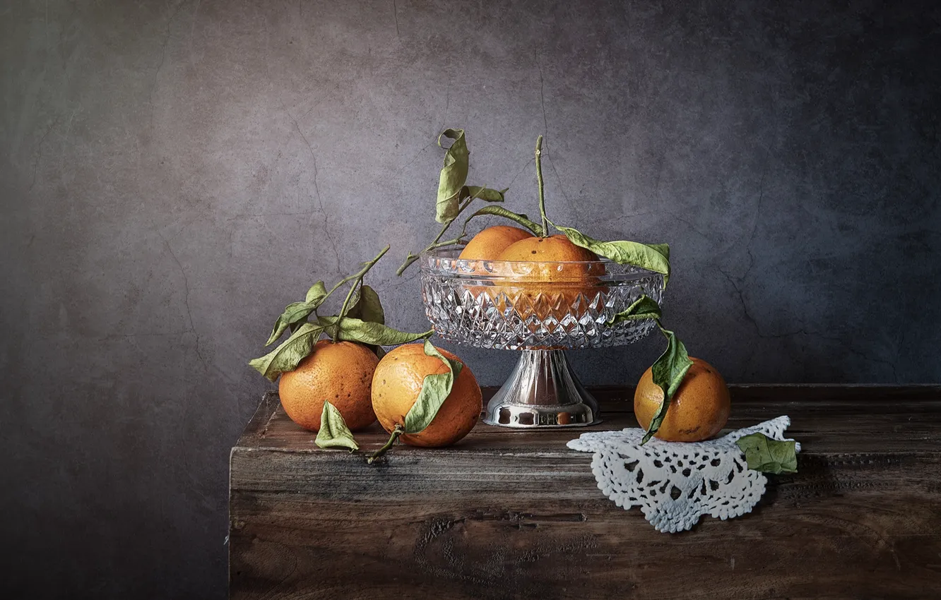 Photo wallpaper leaves, table, fruit, still life, napkin, tangerines, vase, ramekin