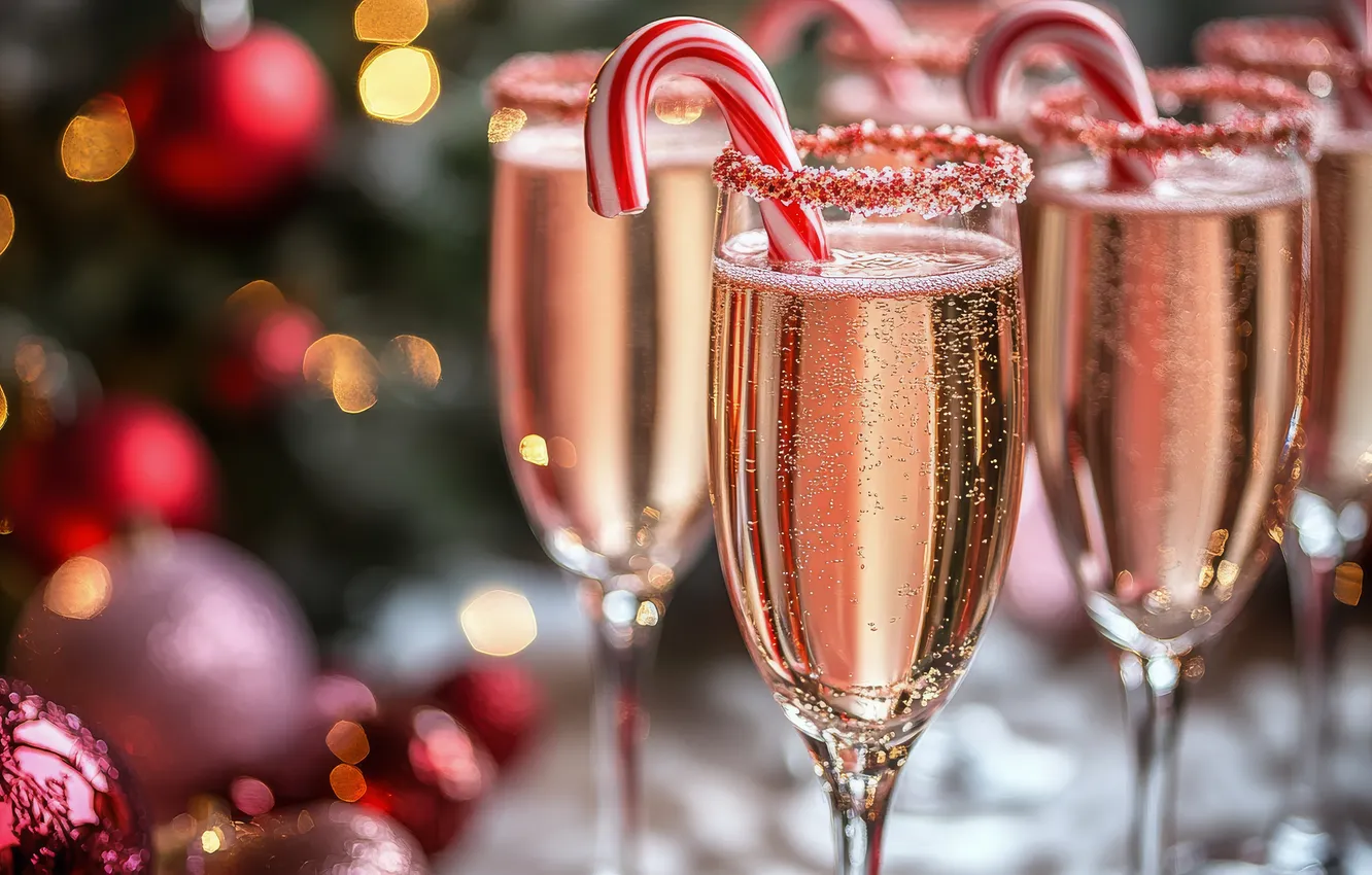 Photo wallpaper lights, wine, glass, new year, Christmas, cane, champagne, bokeh