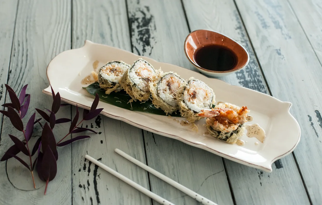 Photo wallpaper greens, rolls, soy sauce