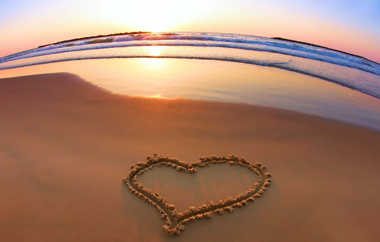 Photo wallpaper love, sea, heart, sunset, water, sand