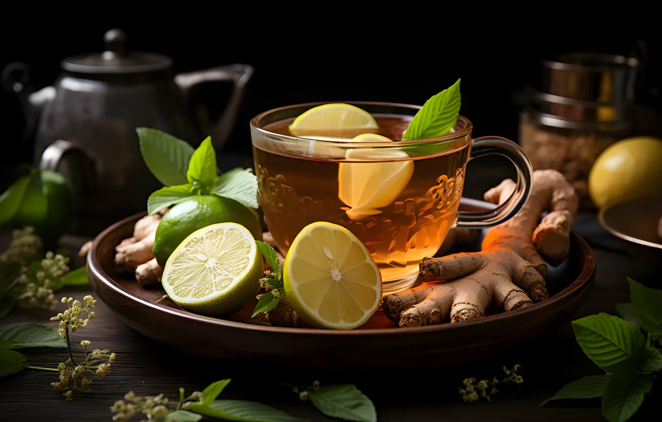 Photo wallpaper table, tea, mug, Cup, drink, AI art, neural network