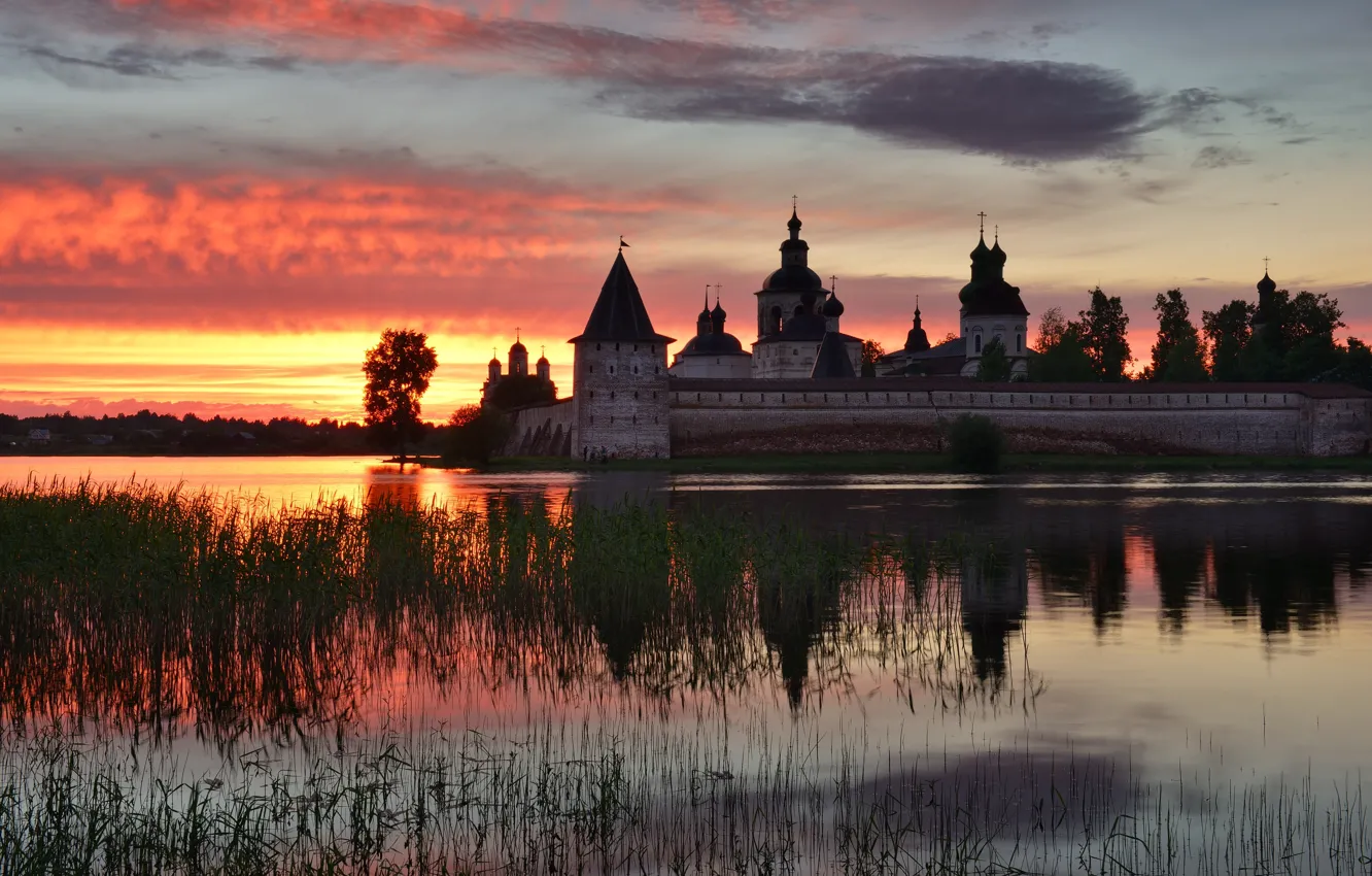 Photo wallpaper the sky, grass, clouds, sunset, reflection, wall, the evening, Church