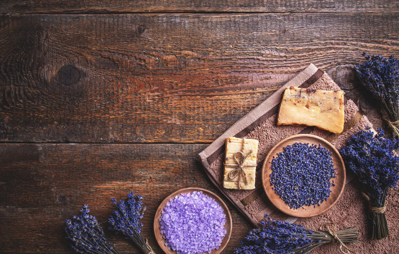 Photo wallpaper bowl, a bunch, lavender, flowers, towel, Spa, sea salt, lavender