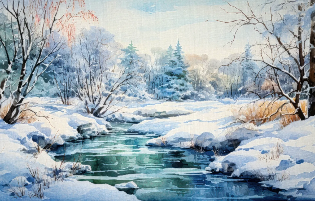 Photo wallpaper winter, forest, snow, trees, landscape, nature, shore, picture