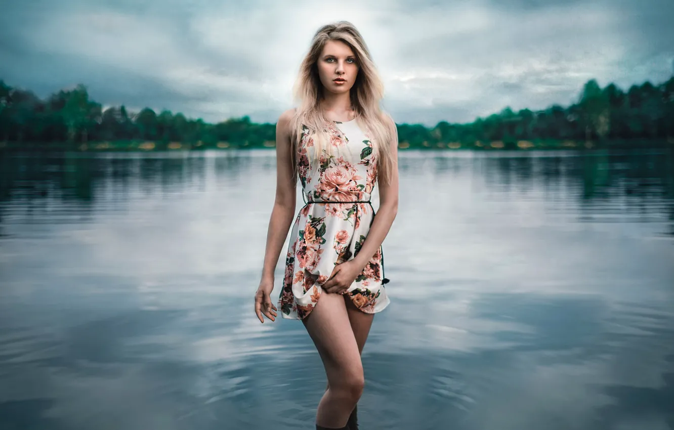 Photo wallpaper girl, dress, legs, in the water, Lods Franck, Angy, alone on the lake