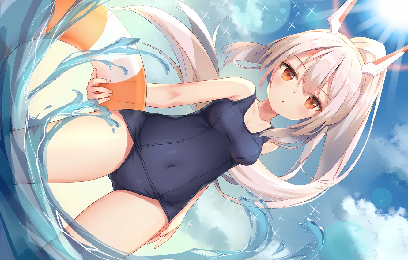 Photo wallpaper girl, sexy, sky, long hair, sea, brown eyes, boobs, anime