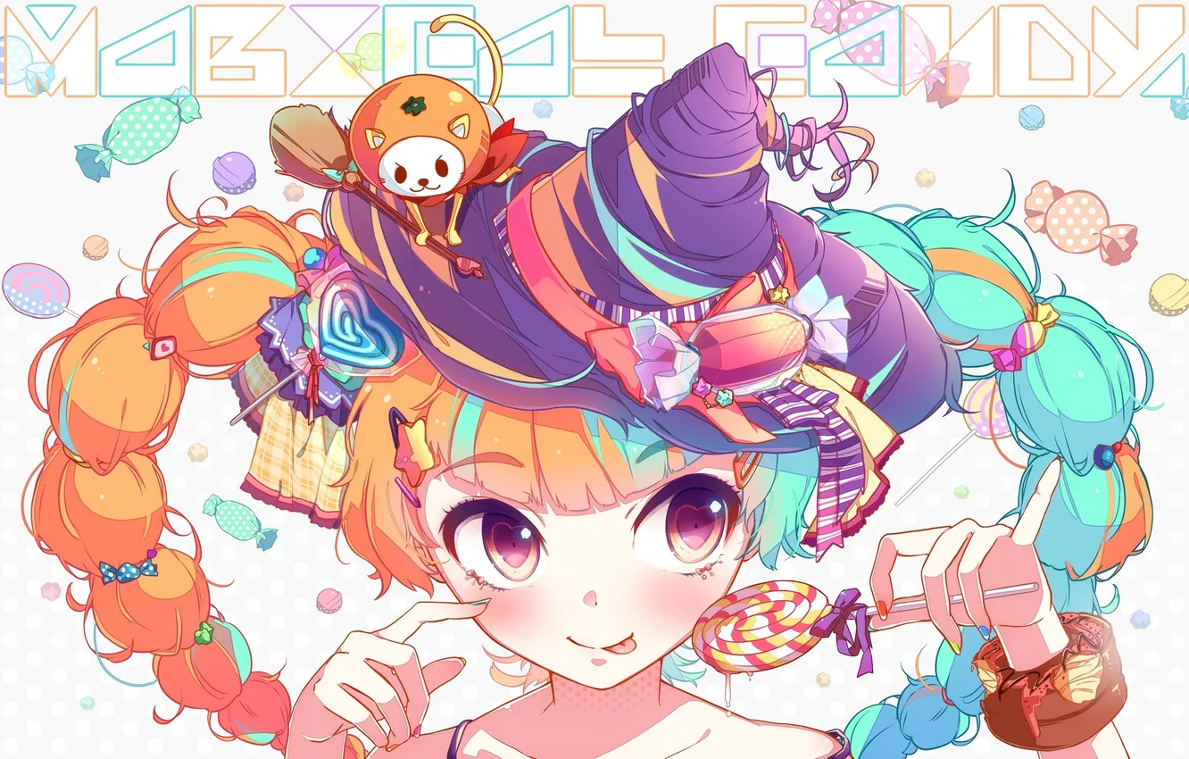 Photo wallpaper girl, hat, art, candy, lollipops, Halloween, vocaloid, hatsune miku