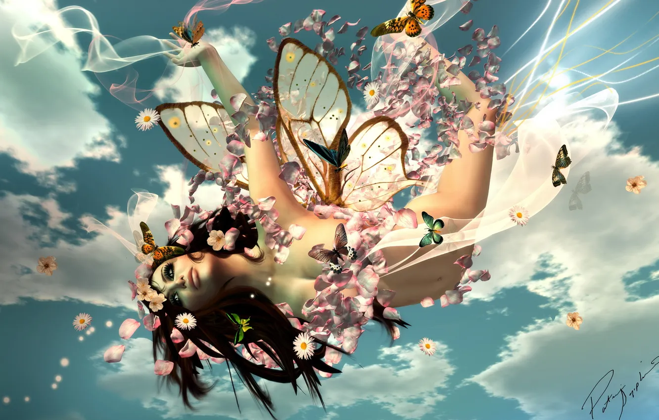 Photo wallpaper girl, flowers, rendering, butterfly