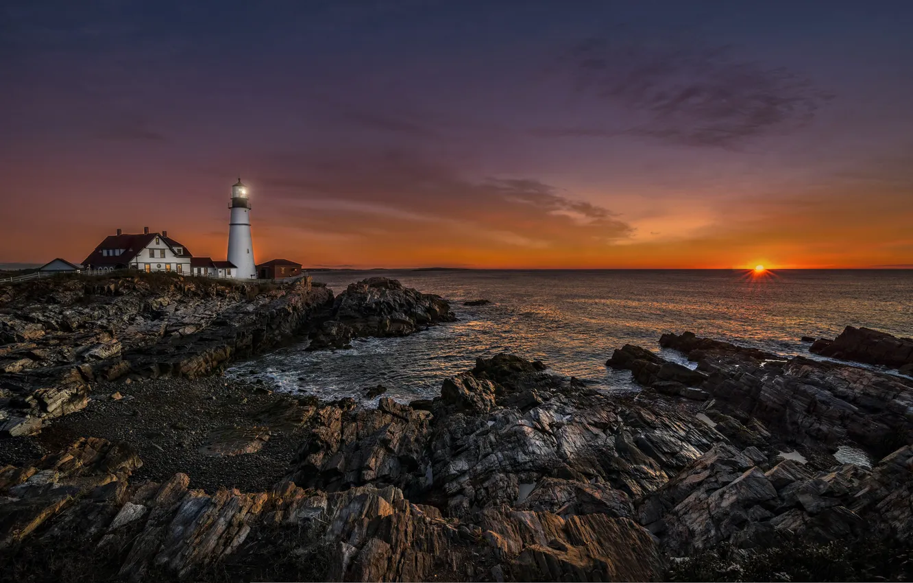 Photo wallpaper sea, sunset, lighthouse