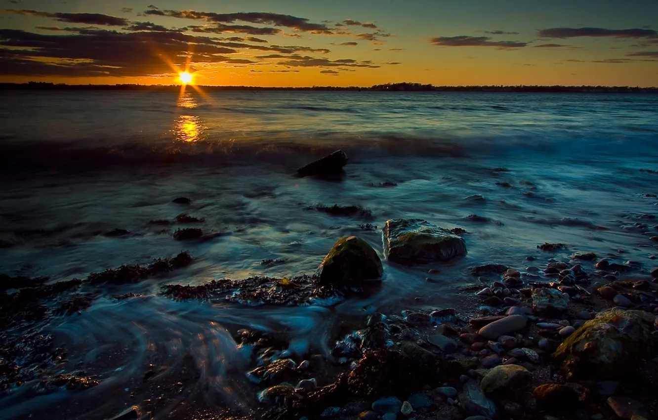 Photo wallpaper wave, the sky, landscape, sunset, nature, stones, the ocean, shore