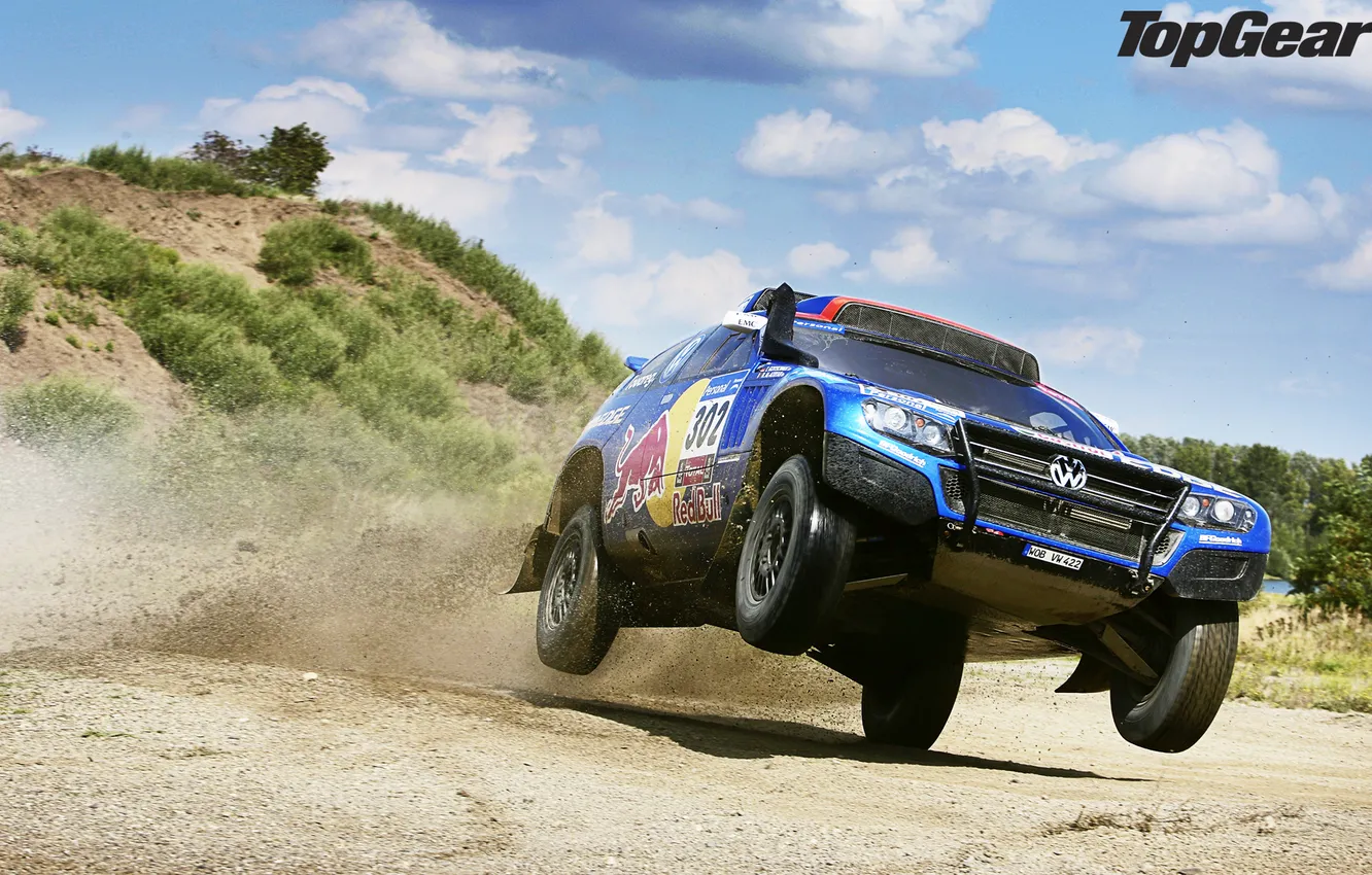 Photo wallpaper the sky, flight, Volkswagen, jeep, SUV, Top Gear, the bushes, the front